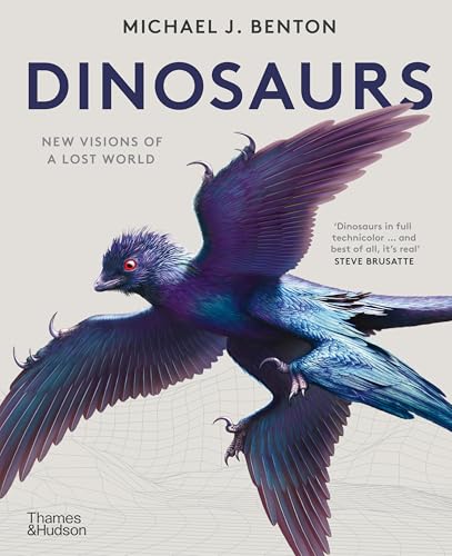 Book cover featuring a vibrant, iridescent feathered dinosaur flying against a light grey background.
