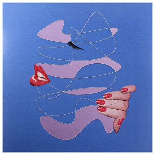 Album cover with collage of lips, hands, and a bird on blue.