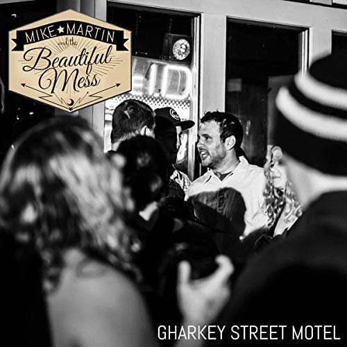 Black and white CD cover with people near a motel entrance.