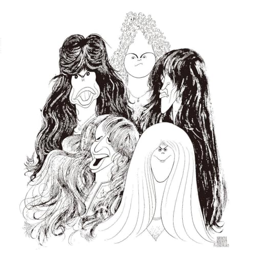 Black and white caricature of Aerosmith band members with long hair.