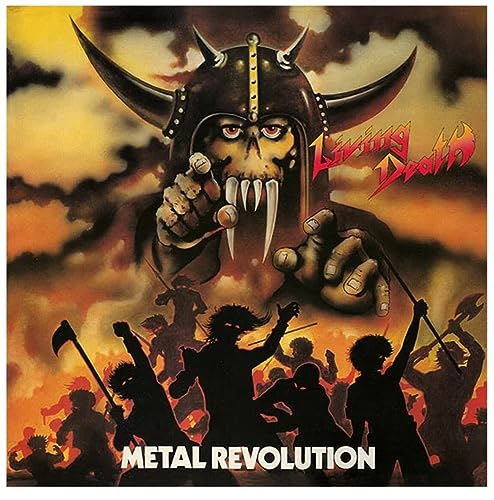 Album cover art featuring a horned skull figure looming over a silhouetted battle scene.