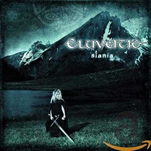 CD cover for Eluveitie’s “Slania” featuring mountains and a figure with a sword.