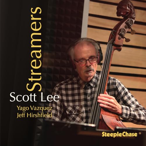 Scott Lee album cover featuring a man with a double bass and headphones.