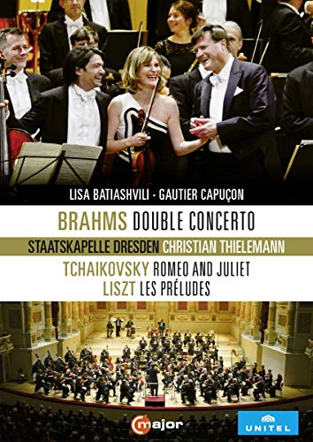 DVD cover featuring orchestra musicians, text “Brahms Double Concerto,” and concert hall image.