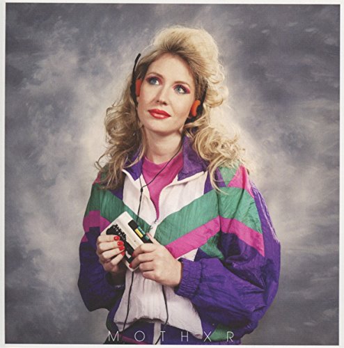 Woman with headphones and boombox, 1980s style, album cover art.