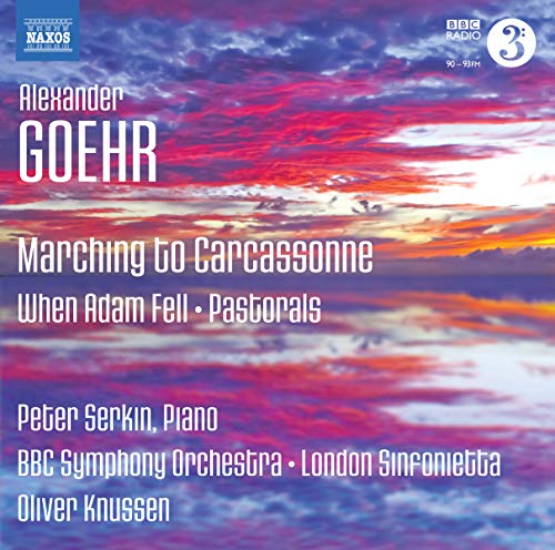 CD cover for Alexander Goehr’s “Pastorals” with a colorful sky background.
