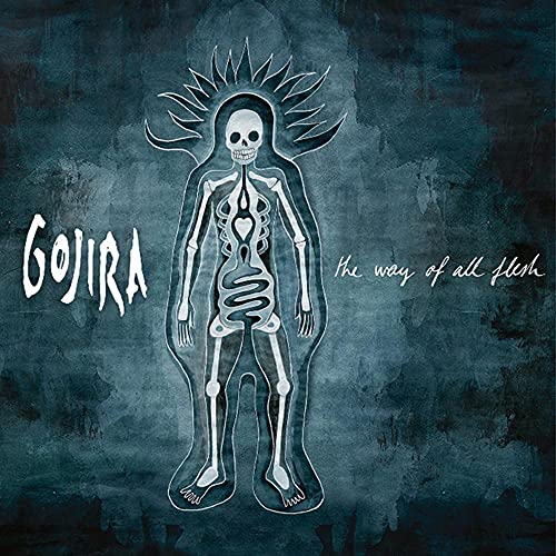 Gojira album cover: skeletal figure with internal organs on a blue background.