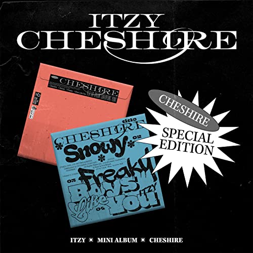 ITZY's "Cheshire" special edition album with pink envelope and starburst graphic.