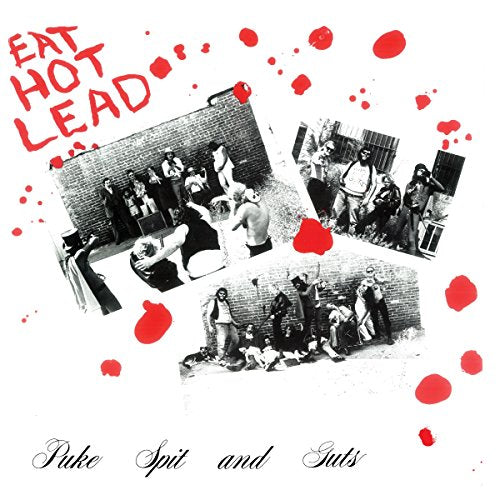 Black and white photo collage with red splatters and text overlay.
