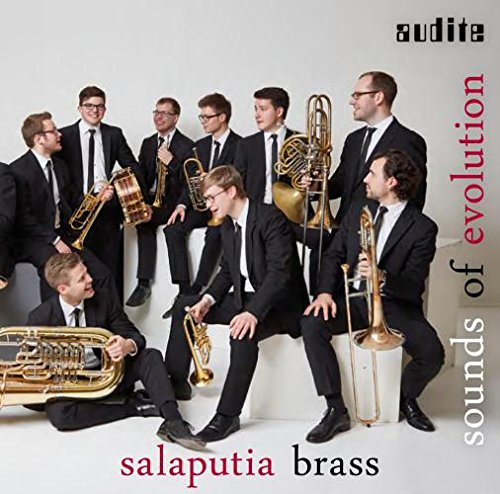 Salaputia Brass ensemble in suits with brass instruments, album cover.