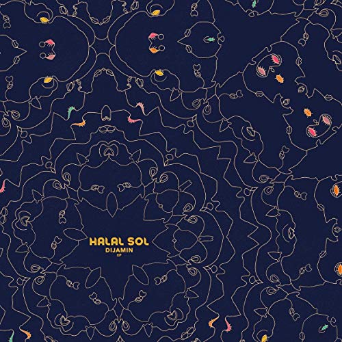 Dark blue album cover with repeating line-drawn face patterns.