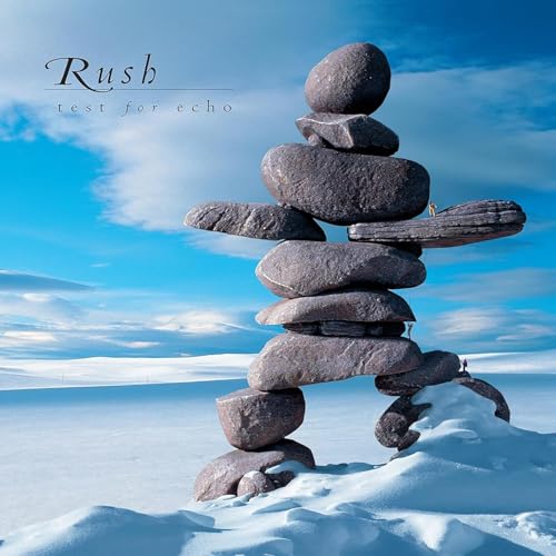 Rush’s “Test for Echo” album cover: stacked stones in a snowy landscape.