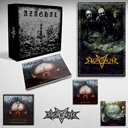 Azaghal CD package with dark, gothic imagery of skulls and a sword.