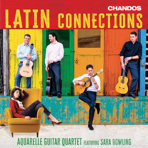 Aquarelle Guitar Quartet album cover with musicians posing in front of colorful doors.