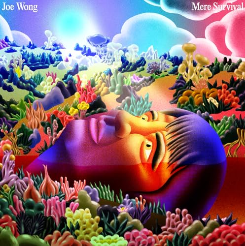 Album cover for “Mere Survival” by Joe Wong, featuring surreal floral landscape.