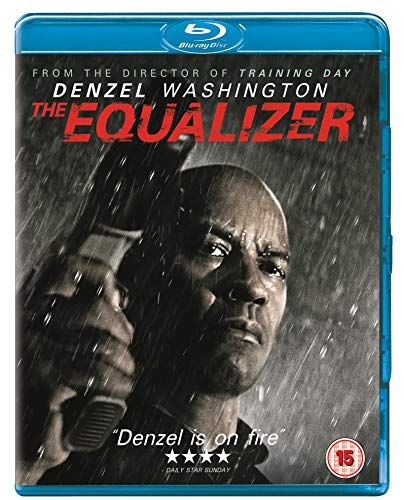 The Equalizer" Blu-ray cover featuring Denzel Washington in the rain, holding a gun.