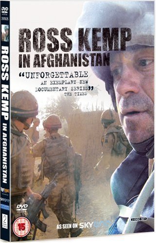 DVD cover for “Ross Kemp In Afghanistan” featuring soldiers and Kemp’s portrait.