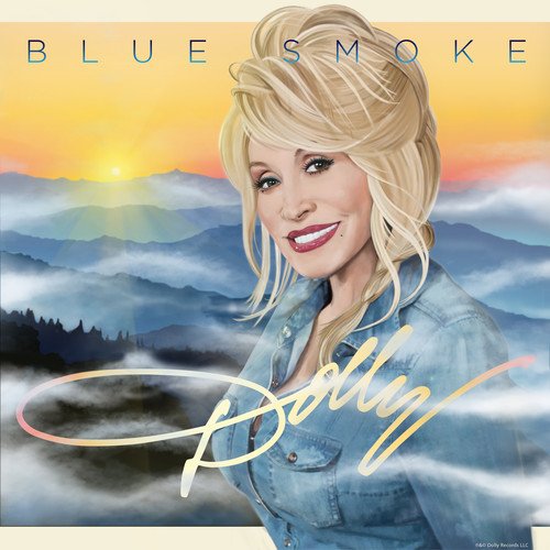 Dolly Parton portrait with mountains and a sunrise background.