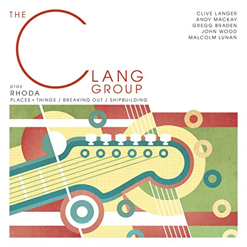 Record cover with a large red "C", guitar neck, and geometric shapes.