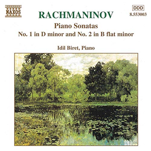CD cover for Rachmaninov piano sonatas with a pond landscape.