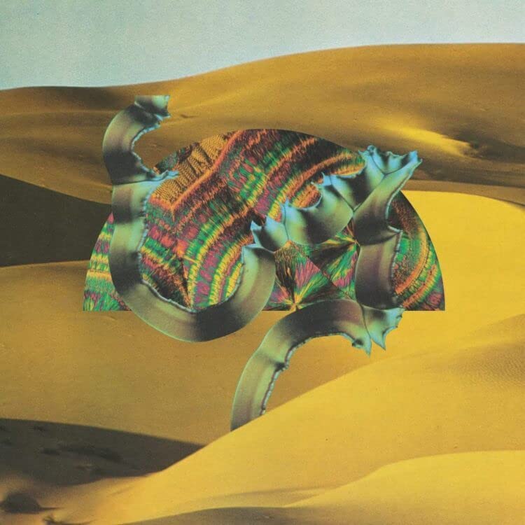 Collage of distorted figures and colorful patterns over a desert landscape.