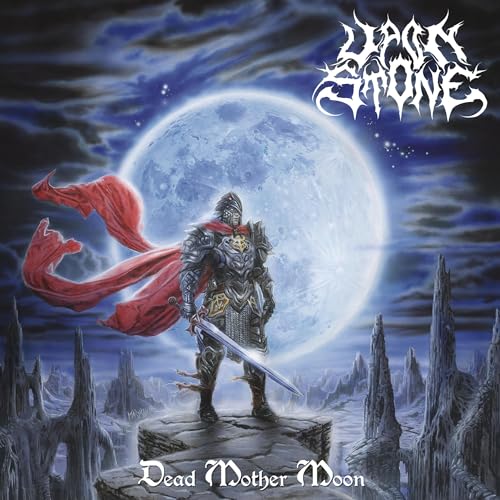 Album cover: knight with sword stands before a large, bright moon.