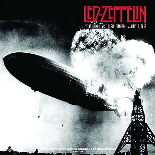 Led Zeppelin album cover: airship exploding over a tower, black and white.