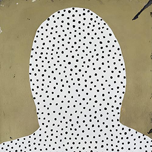 White silhouette of a head covered in small black dots on gold.