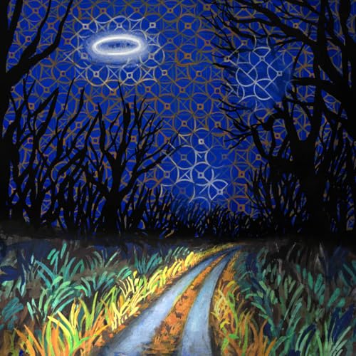 Blue and gold patterned album cover depicting a road through silhouetted trees.
