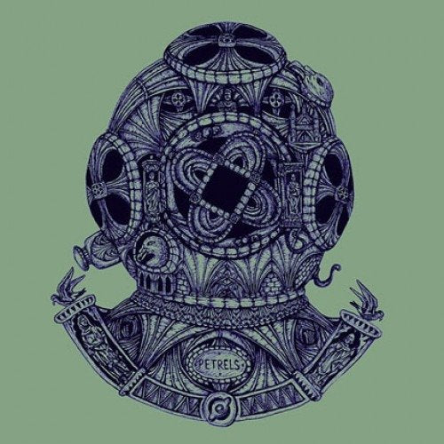 Intricate ink drawing of an ornate diving helmet on a muted green background.
