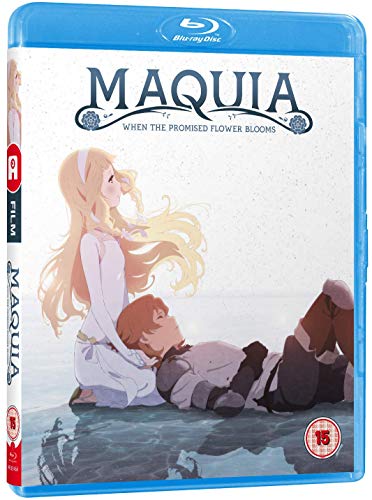 Blu-ray case for “Maquia” anime film, featuring two illustrated characters.