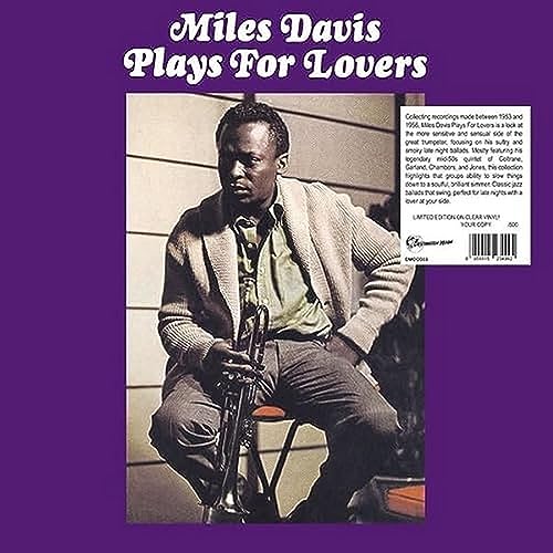 Miles Davis portrait with trumpet, album cover for "Plays For Lovers" vinyl.