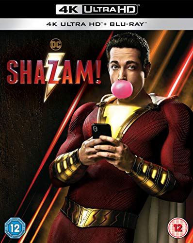 Shazam! Blu-ray cover featuring a superhero chewing gum and using a phone.