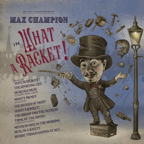 Vinyl album cover for "Max Champion - What A Racket!" with illustrated imagery.