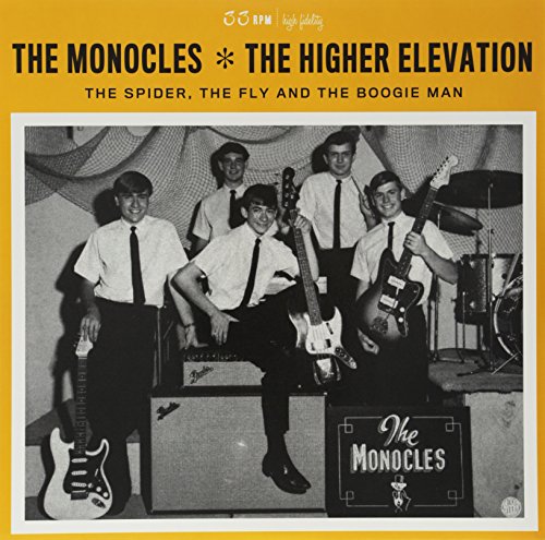 Black and white photo of a 1960s band, The Monocles, with instruments.