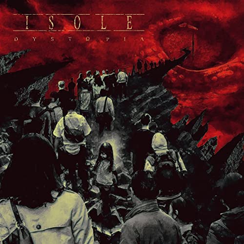 Red and black album cover depicting a crowd in a desolate landscape.