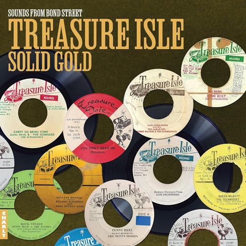 Vinyl record cover featuring stacked, colorful Treasure Isle Records singles.