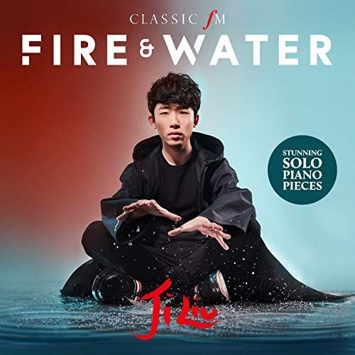 Ji Liu sits cross-legged against a red and blue background for his Fire & Water album.