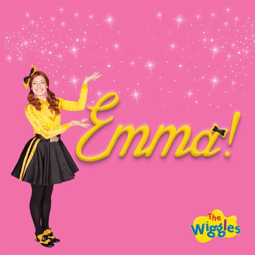 Emma from The Wiggles smiles on a pink, sparkly background.