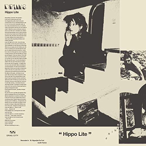 CD cover for Drinks’ “Hippo Lite” featuring a silhouetted woman in a train.