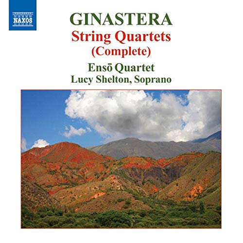 CD cover for Ginastera String Quartets by Ensō Quartet and Lucy Shelton featuring mountain landscape.