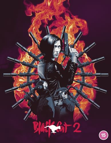 Blu-ray cover for "Black Cat 2" featuring a woman with guns and flames.