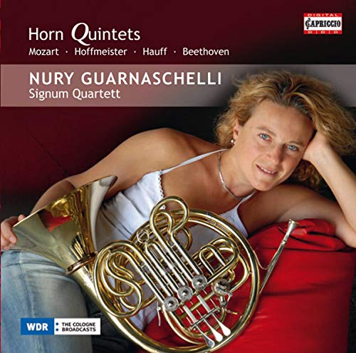 CD cover featuring horn player Nury Guarnaschelli with a brass horn.