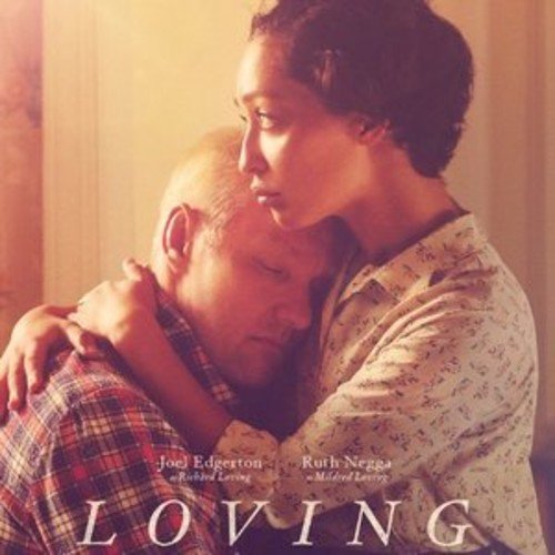 Couple embracing, film "Loving" soundtrack cover with names and title text.
