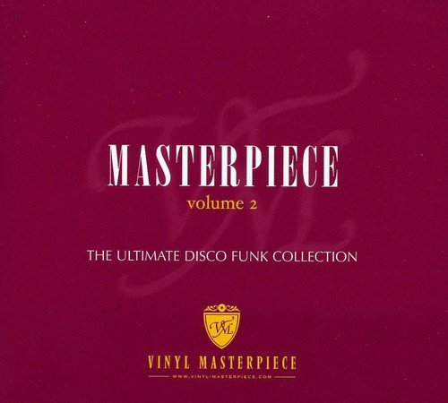 Album cover for Masterpiece Volume 2 The Ultimate Disco Funk Collection on maroon background.