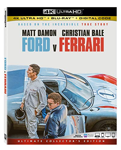 Ford v Ferrari" Blu-ray cover featuring Matt Damon and Christian Bale.