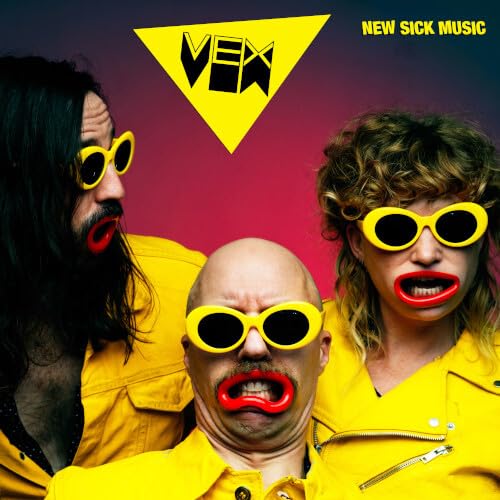 Three people with exaggerated yellow lips and sunglasses on a red background.