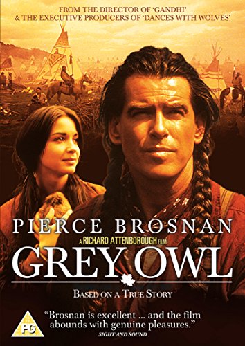 Grey Owl" DVD cover featuring Pierce Brosnan and a young woman in historical attire.