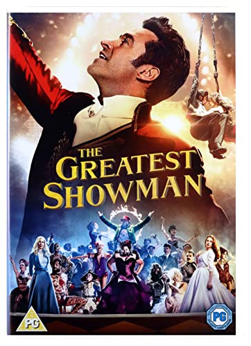 DVD cover for "The Greatest Showman" featuring performers and P.T. Barnum.