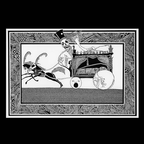 Black and white illustration of a skeleton driving a fantastical carriage.